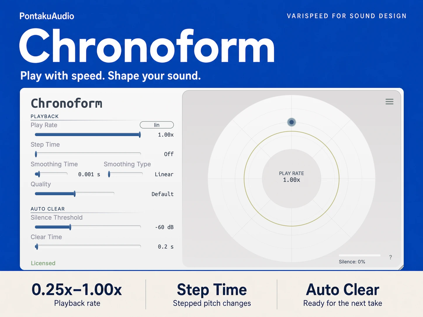 Chronoform controls for playback rate, step time, smoothing, interpolation quality and auto clear.