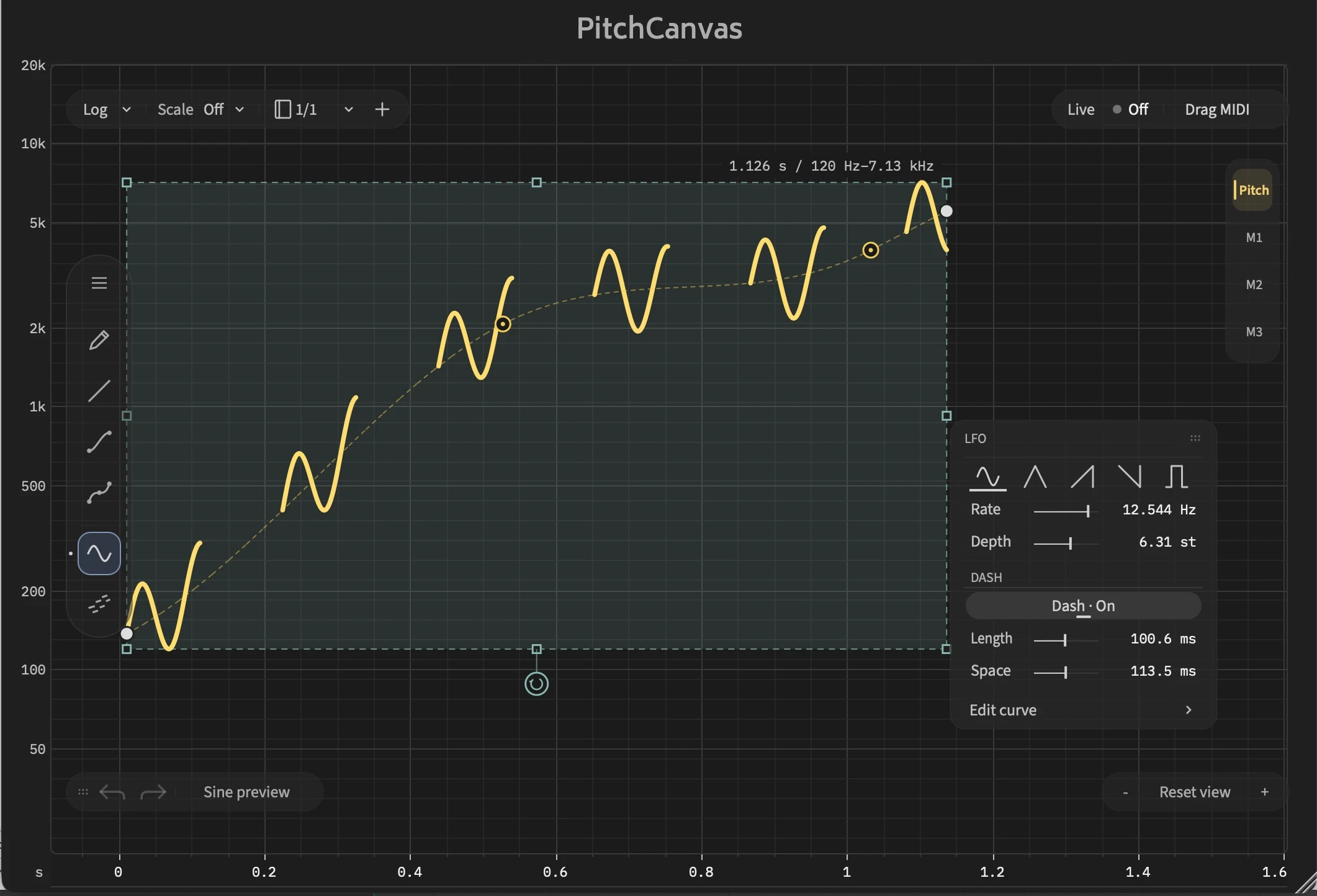 描いたピッチカーブとLFO設定を表示したPitch Canvas。